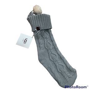 UGG Home Christmas Cable Knit Stocking Stuffer Gray Holiday Pom Pom 12” x 21”